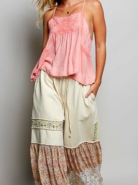 POL Wide Leg Boho Patchwork  Pants in Cream and Floral